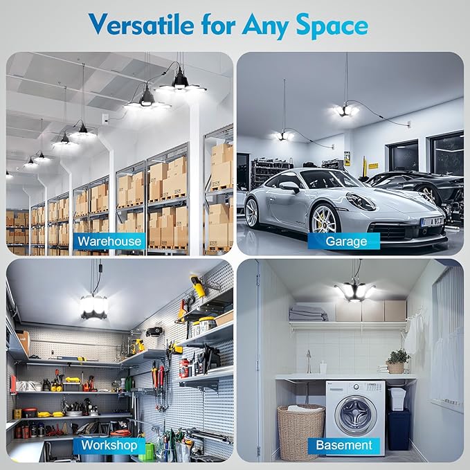 TANBABY 2 Pack LED Garage Lights with Motion Sensor, 250W Deformable Garage Light, Total 50000LM 6500K Daylight, 8+1 Adjustable Panels, Plug-in Cord Ceiling Light for Basement