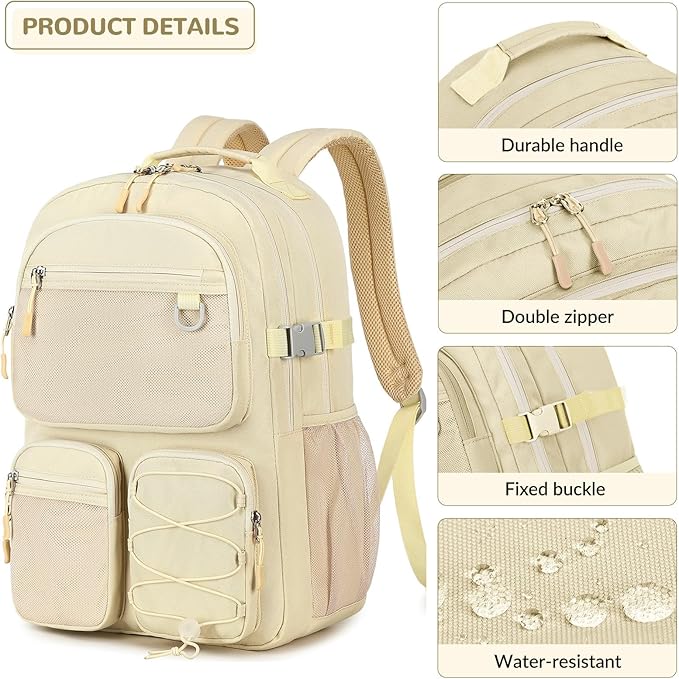 Lohol Water Resistant Backpack with Mulitiple Pockets for School Travel Outdoor College, 15.6 inch Laptop Bookbag for Girls and Women (Beige)