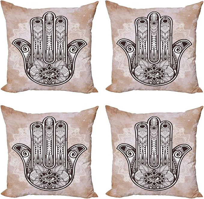 Ambesonne Hamsa Throw Pillow Cushion Case Pack of 4, Grunge Style Mandala with Evil Eye Mystic Eastern Art Oriental, Modern Accent Double-Sided Digital Printing, 16", Brown and Cream
