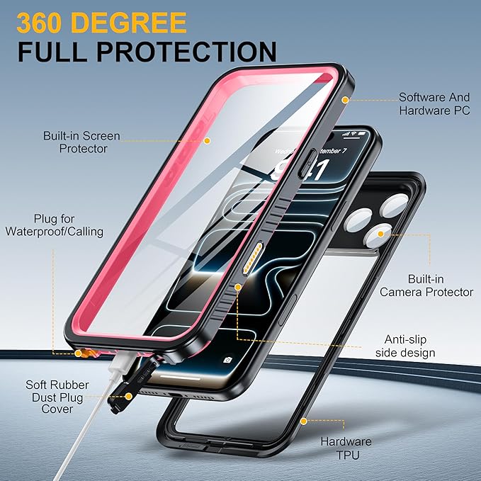 ANTSHARE for iPhone 17 Pro Max Case, IP68 Waterproof Shockproof Case, [Built-in Screen Protector] - 12 FT Military Dropproof - Full Body Heavy Duty Rugged Phone Cover 6.9 inches - Pink/Clear