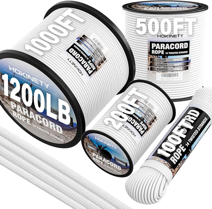 1200 Paracord Rope - 4.4mm 14 Strand Nylon Parachute Spool para Cord Lanyard for Outdoor Camping Survival Utility Tent Crafting DIY Projects Fishing Clothsline Bracelet - White 500FT