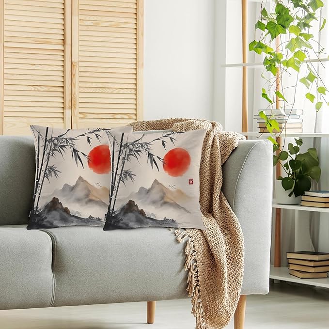 Swono Outdoor Pillow Covers Bamboo, Japanese Bamboo Trees Mountains Red Sun Painting Home Decorative Throw Pillow Case Cushion Cover for Men/Woman/Bed/Sofa/Office/Car, 18x18 Inch 2Pcs Pillow Covers