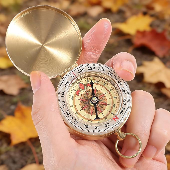 Brass Compass for Hiking Large Dial Pocket Compass with Keychain Loop Camping Survival Compass Ideal Metal Navigation Tool for Teen Scouts Men Hiking Camping Hunting Outdoor (Gold)