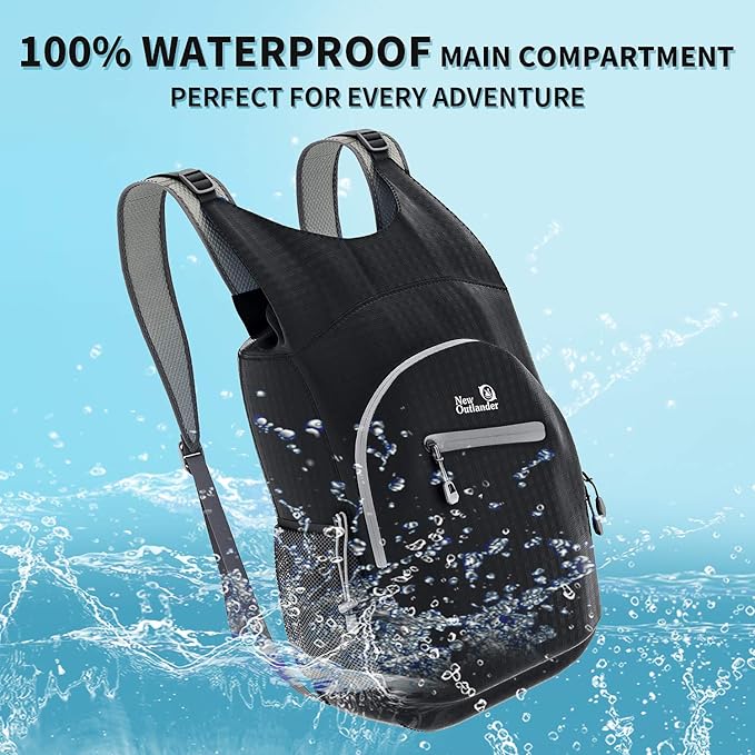 Outlander 100% Waterproof Hiking Backpack Lightweight Packable Travel Daypack(Black)