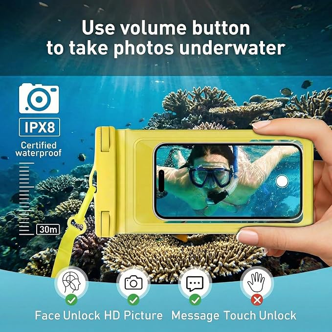 Universal Waterproof Phone Case,with Inside Card, Certified and Lightweight Waterproof Cellphone Pouch Under Water Beach Accessories for iPhone 17 16 15 14 13 Pro Max, 1 Pack-Yellow-8.3″