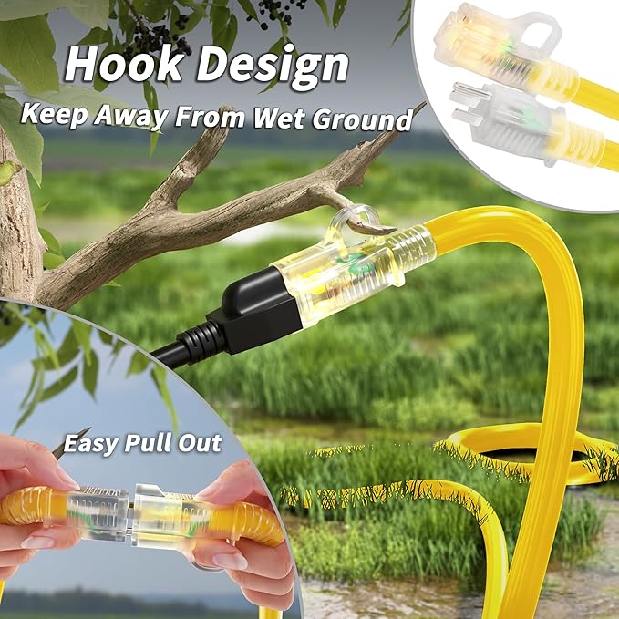 PlugSaf 14/3 Gauge Yellow Outdoor Extension Cord 50 ft Waterproof with Lighted Indicator, Cold Weatherproof -40°C, Flexible 3 Prong Extension Cord Outside,15A 1875W 14AWG SJTW, ETL Listed