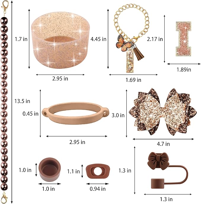 9PCS Brown for Stanley Cup Accessories Set Bling Initials Bow Charms for Stanley Decorations 30/40 Oz Tumbler Accessories Including Bow Straw Topper, Handle Strap, Spill Stopper（Letter I）