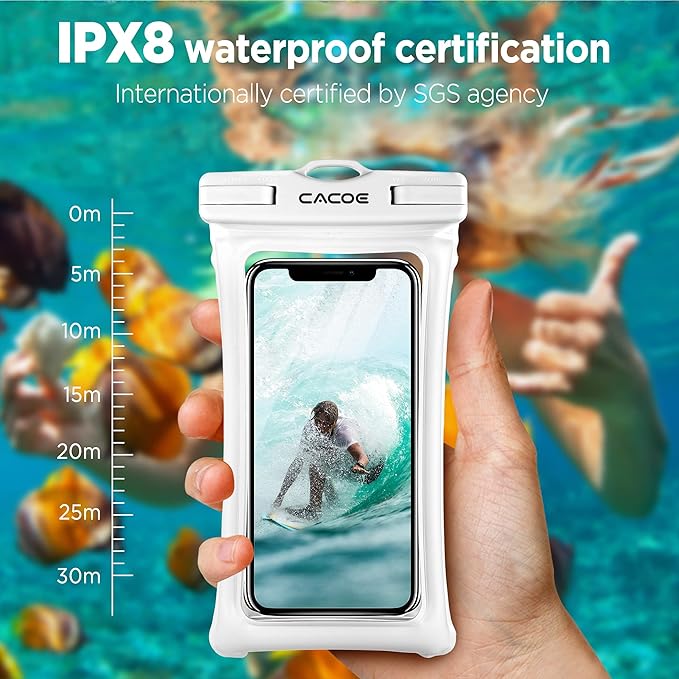 CACOE [Floatable] Floating Universal Waterproof Phone case 2 Pack-Up to 7.0",Phone Pouch with Adjustable Neck Lanyard,IPX8 Cellphone Dry Bags for Vacation Water Activities（Black+White）