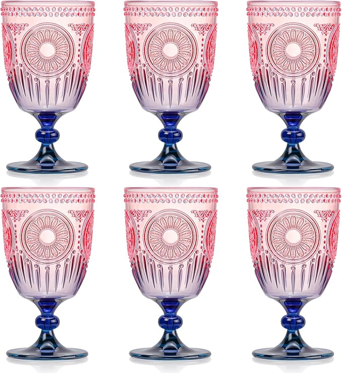 XUWAIDSGN 6Pcs Plastic Vintage Wine Glasses 13.5oz Reusable Embossed Goblet Glasses Pink Blue Gradient Retro Wine Glassware Unbreakable Stemmed Champagne Water Cups for Wine Cocktail Juice Wedding