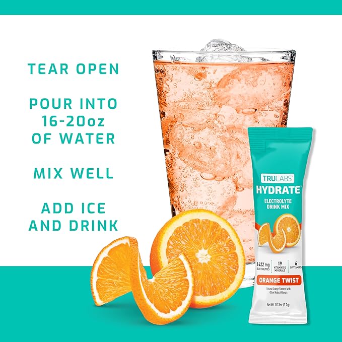 TRULABS Hydrate Electrolyte Drink Mix – Orange Twist Flavor, Sugar-Free Hydration Packets with 1422 mg Electrolytes & 19 Vitamins & Minerals, Monk Fruit Sweetened, On-the-Go Sticks (16 Count)