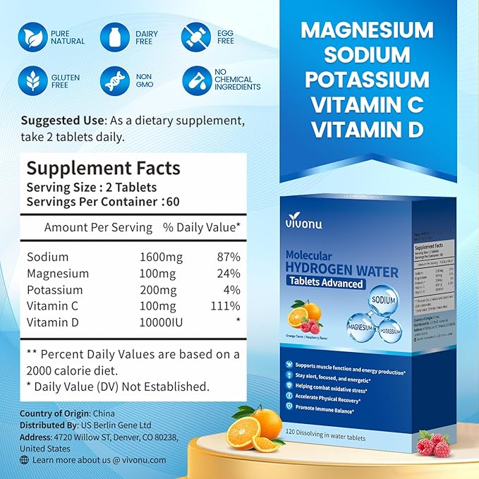 VivoNu Hydrogen Water Tablets with Electrolytes & Magnesium Complex, Vitamin C & D | 2 Flavors Pack (Orange & Raspberry) | Zero Sugar Electrolyte Powder Alternative for Rapid Hydration & Recovery