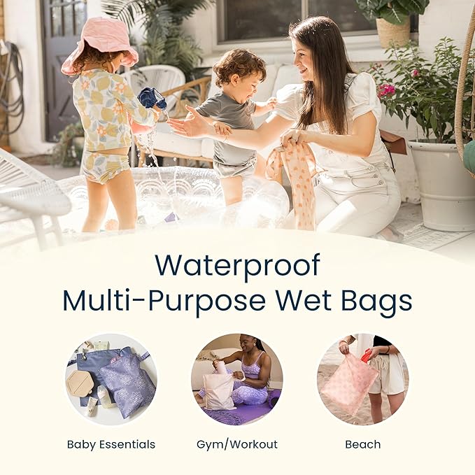 Tiny Twinkle Mess Proof Wet Bags | 2-Pack Reusable Waterproof Wet Bags for Swimsuits | Baby Clothes | Travel & Diaper Bag (Flutter)