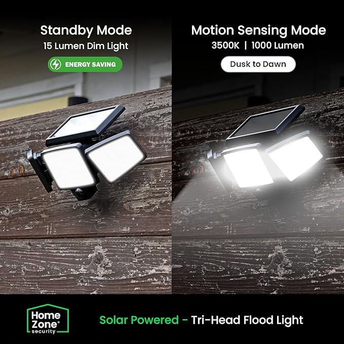 Home Zone Security 2 Packs Solar Flood Lights Outdoor Motion Sensor 120 Degrees Wide Angle, Waterproof Powered for Garden Yard Pathway, 3500K Warm White 1000 Lumens, Adjustable Triple Head No Wiring