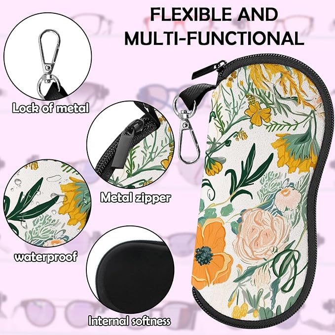 Glasses Case Sunglasses Eyeglass Soft Case Zipper Light Neoprene Pouch with Metal Belt Clip Aesthetic Cute Women Men