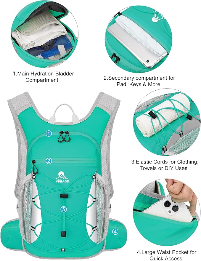 Hydration Backpack with 2L Water Bladder - Lightweight 15L Daypack with Phone-Sized Hip Belt Pockets, Anti-Chafe Cotton Edging & No-Bounce Straps - Small Water Backpack for Hiking, Running, Skiing