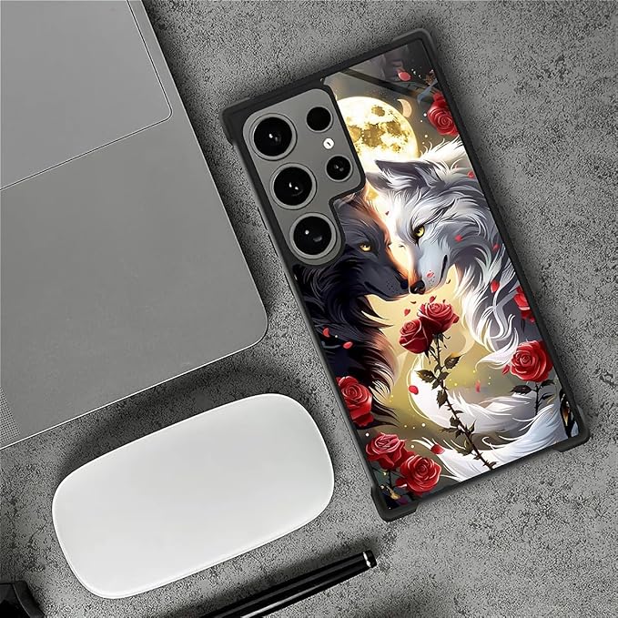for Samsung Galaxy S24 Ultra Case, Black White Wolf Moon Flower Rose Pattern Graphic Design Girl Boy Soft Silicone Hard Acrylic Shock Protection for Samsung Galaxy S24 Ultra