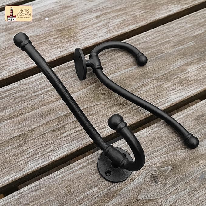 Mystic Colonial Rustic Cast Iron Wall Hooks, Heavy Duty Retro Utility Hanger, Multi Purpose Wall Mount Hooks for Hanging Coat, Bag, Towel, Robe, Hat, Pack of 2-8"" x 1.5"""