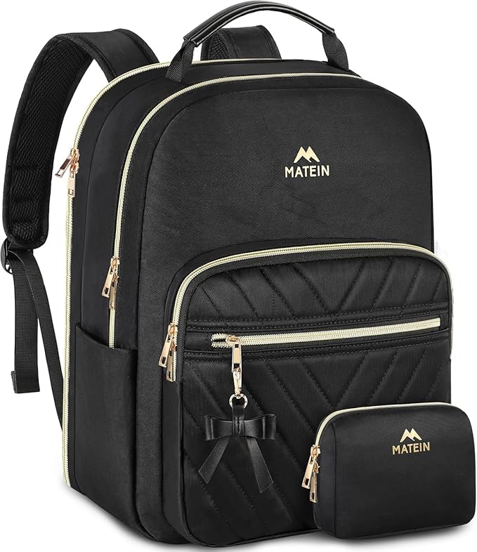 MATEIN Backpack Purse for Women, 17 inch Stylish Cute Waterproof Backpack Purse, Waterproof Fashion Casual Daily Shoulder Bag for Work College Travel, Gifts for Ladies, 2pcs Set, Black