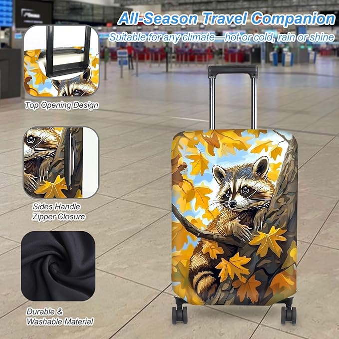 Luggage Cover Protector for 26-28 Inch Suitcases, TSA Approved Elastic Travel Suitcase Covers, Anti-Scratch Washable Luggage Sleeve for Carry On & Checked Bags, Raccoon Perched