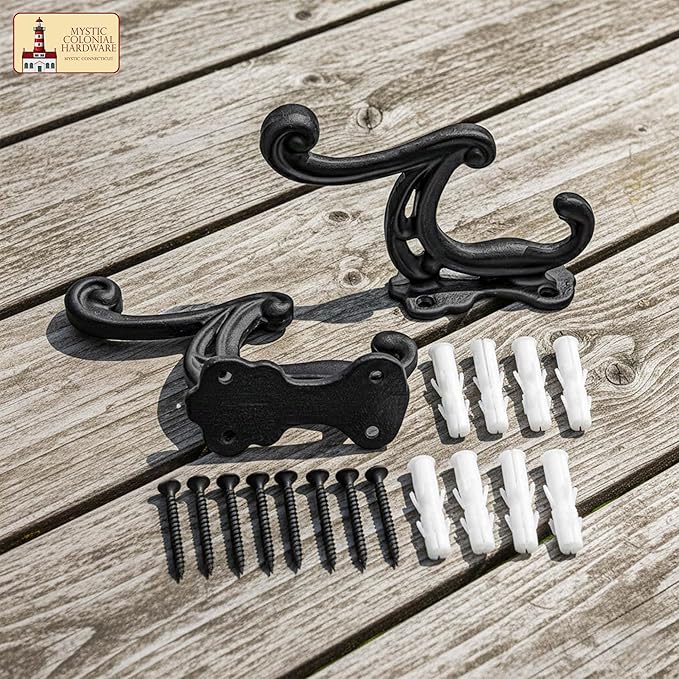 Mystic Colonial Rustic Cast Iron Wall Hooks, Heavy Duty Coat Hooks for Coat, Bag, Towel, Hat & Robe, Mounting Hardware Included, Black, Pack of 10