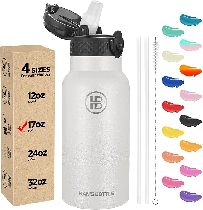Han's Bottle Kids Water Bottle with Straw Lid - Insulated Stainless Steel Reusable Tumbler for Girls,Boys,Thermo Mug,17oz,White