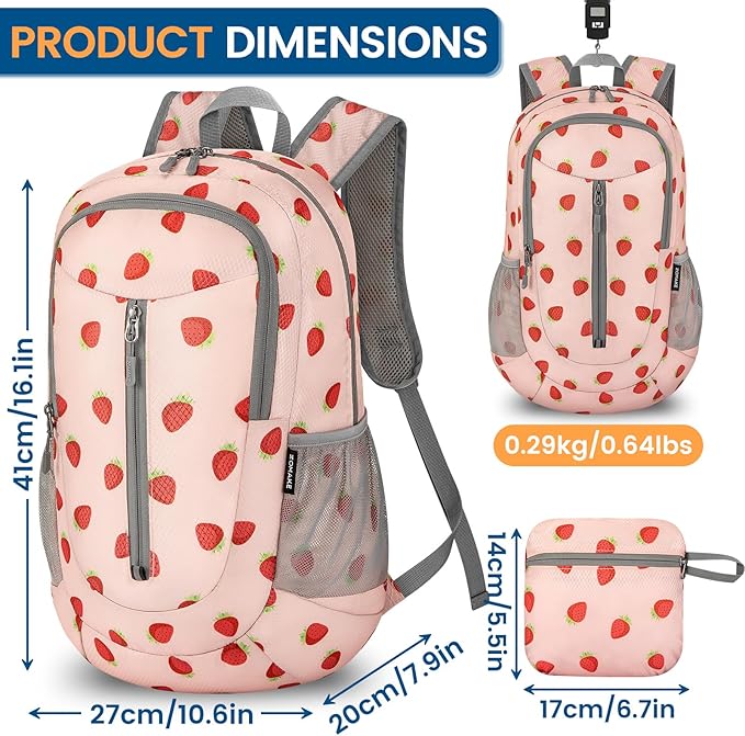 ZOMAKE Ultra Lightweight Packable Backpack 25L - Foldable Hiking Backpacks Water Resistant Small Folding Daypack for Travel(Strawberry print)