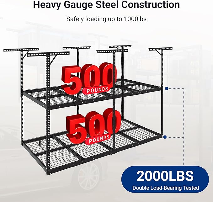FLEXIMOUNTS 4x8 2-Tier Overhead Garage Storage Rack – Adjustable Heavy Duty Metal Garage Ceiling Storage Racks, 1000 lbs Capacity – Garages Organization System for 9–15 ft Tall Garages, Black