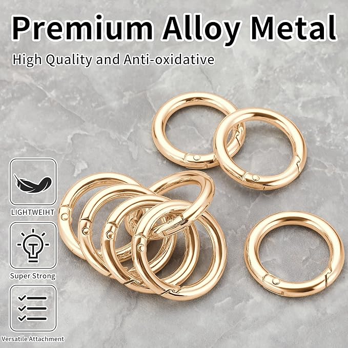 Gkeygo Key Ring Clip, 1 Inch Keychain Rings, 8 Pack Round Carabiner Clip for Keys, Buckle, Bags, Purses - Key Chain Hooks Replacement Keychains Lanyard DIY Crafts, Light Gold