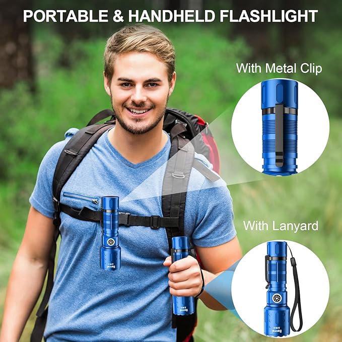 Banral Flashlights High Lumens Rechargeable, Super Bright Long Range Small Powerful Flashlight, 6 Modes LED Tactical Pocket Waterproof Flash Light for Home Emergency (1, Blue)