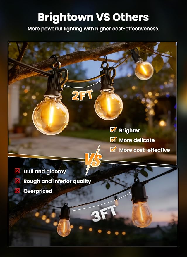 Brightown 38FT Solar String Lights Outdoor with USB Charging & 16 LED Shatterproof Bulbs, Solar Patio String Lights Outdoor for Cafe Garden Deck Outside Wedding - Last for 20Hrs+