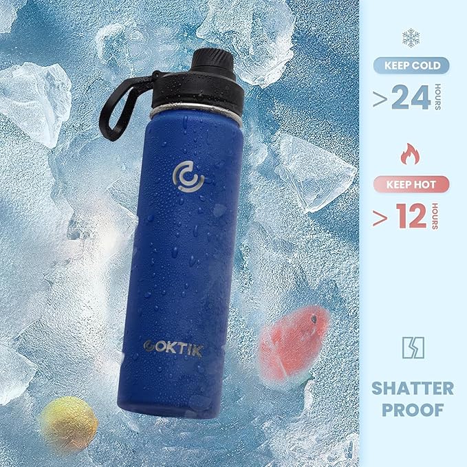 40 Pack 22 oz Sports Water Bottle With Straw,2 Lids, Stainless Steel Vacuum Insulated Water Bottles,Leakproof Lightweight, Keeps Cold and Hot, Great for Travel(Cobalt)