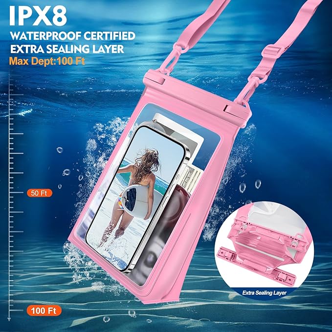PEDVSTY Large Waterproof Phone Pouch [with Sealing Strip], Cell Phone Dry Bag for iPhone 17 16 15 14 13 Pro Max Galaxy S25 S24 S23 All Devices, Floating Water Proof Bag for Beach Water Park Hot Pink