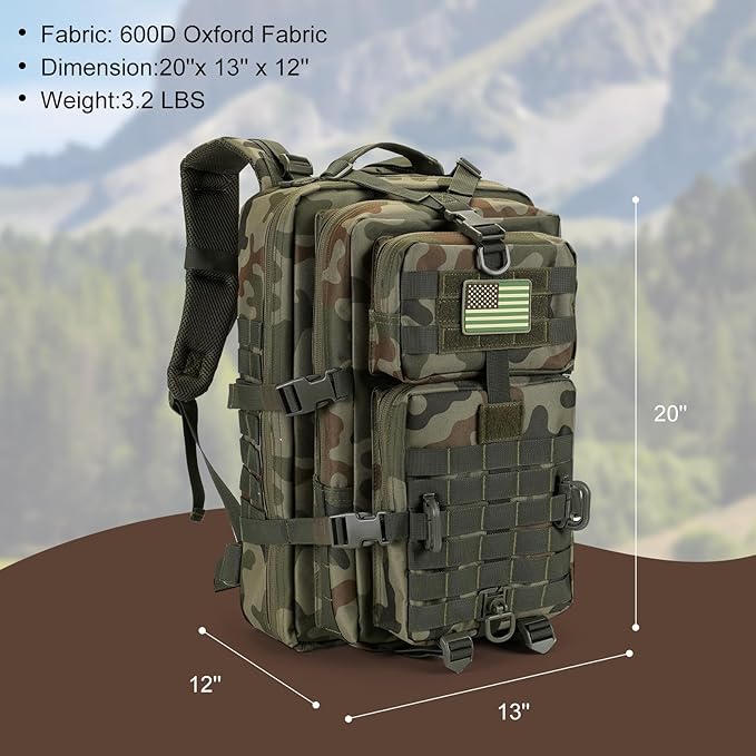 Hannibal Tactical MOLLE Assault Backpack, Tactical Backpack Military Army Camping Rucksack, 3-Day Pack Trip w/USA Flag Patch, D-Rings, Polish Camo