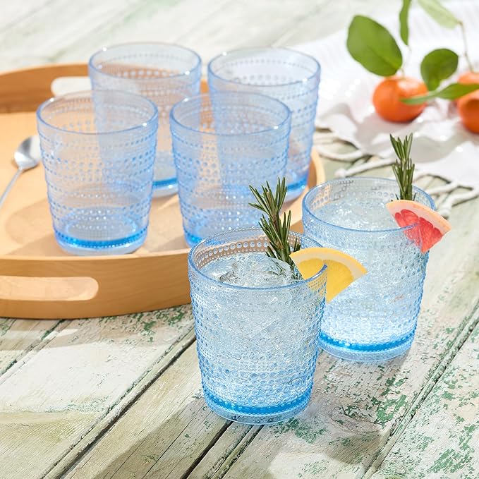 Santa Fe Blue Set of 6 Premium Acrylic DOF Glasses 16 oz – Unbreakable Drinkware with Textured Bubble Design, Dishwasher Safe Tumblers for Indoor & Outdoor Use