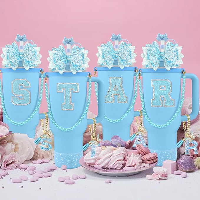 9PCS Blue for Stanley Cup Accessories Set Bling Initials Bow Charms for Stanley Decorations 30/40 Oz Tumbler Accessories Including Bow Straw Topper, Handle Strap, Spill Stopper（Letter T）