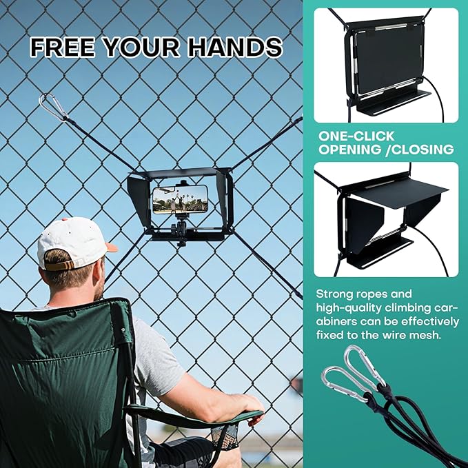 Baseball Fence Phone Mount with 3-Sided Anti-Glare Sunshade, Capture Clear Game Footage in Bright Sunlight, Fits iPhone, GoPro, Mevo Start & Action Cameras, Durable Metal Clip (Black)
