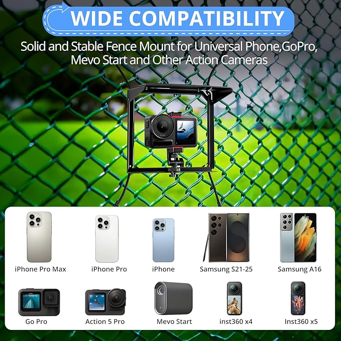 CAMWAY Adjustable Phone Fence Mount with Sunshade - Outside Universal Holder for Smartphone, GoPro, Mevo Start,Action Cameras,Include Hanging Bag,Phone Shade for Recording Tennis Baseball,etc