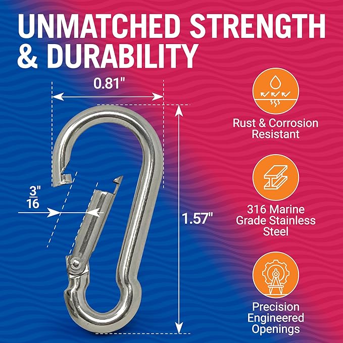 Stainless Steel Carabiner Clip, 4 Pack, 316 Marine Grade, Heavy Duty Spring Snap Hooks, Mini and Large Sizes, 2" to 4" Options