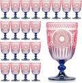 XUWAIDSGN 24Pcs Plastic Vintage Wine Glasses 13.5oz Reusable Embossed Goblet Glasses Pink Blue Gradient Retro Wine Glassware Unbreakable Stemmed Champagne Water Cups for Wine Cocktail Juice Wedding