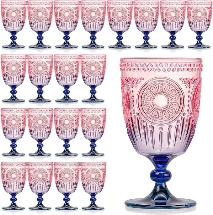 XUWAIDSGN 24Pcs Plastic Vintage Wine Glasses 13.5oz Reusable Embossed Goblet Glasses Pink Blue Gradient Retro Wine Glassware Unbreakable Stemmed Champagne Water Cups for Wine Cocktail Juice Wedding
