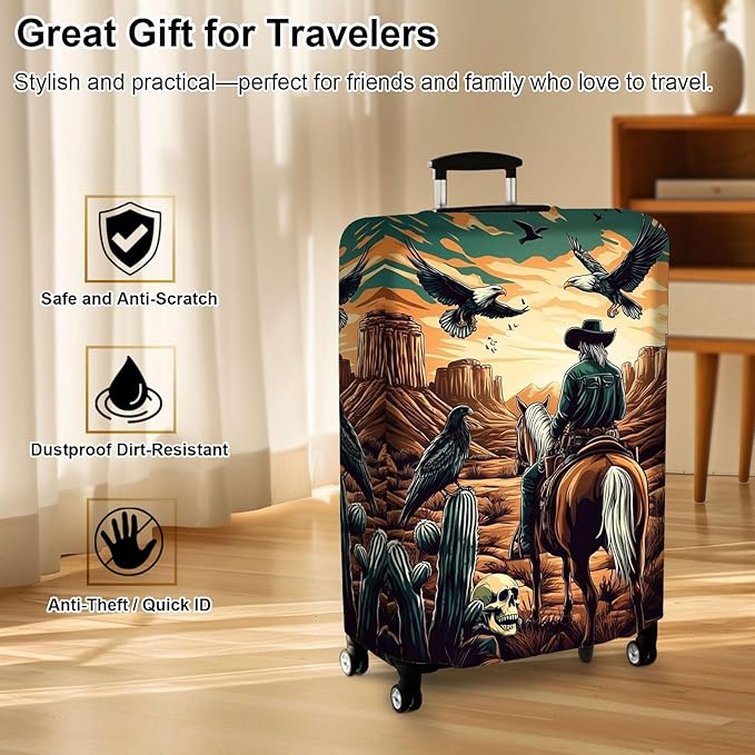 Luggage Cover Protector for 26-28 Inch Suitcases, TSA Approved Elastic Travel Suitcase Covers, Anti-Scratch Washable Luggage Sleeve for Carry On & Checked Bags, Cowboy on Horseback
