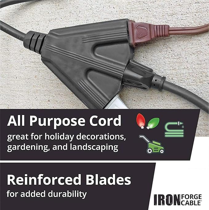 Iron Forge Cable 14 Gauge Outdoor Extension Cord 50 Ft with 3 Power Outlets, SJTOW 14/3 Heavy Duty 50 ft Black Extension Cord 3 Prong, Oil Resistant & Flame Retardant