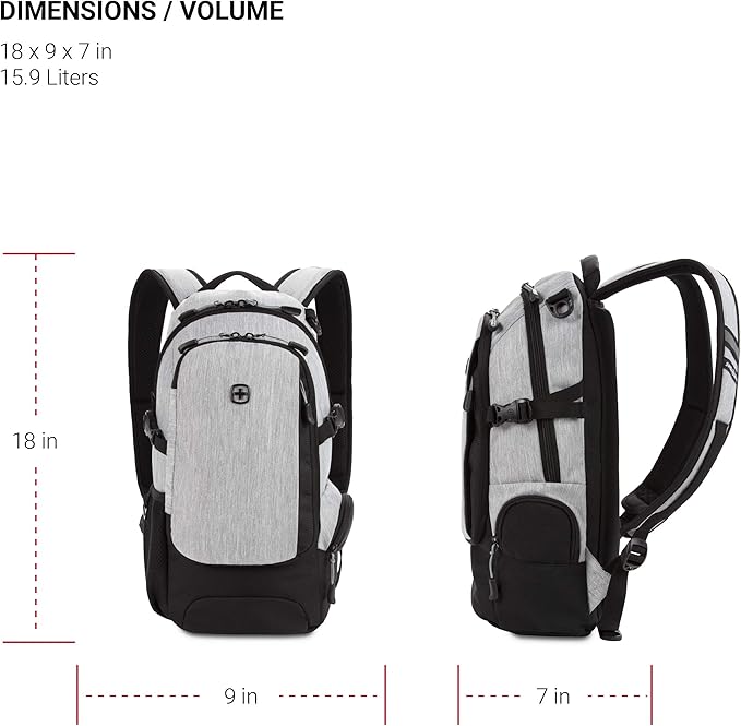 SwissGear 3598 Backpack, Narrow Daypack, Ideal for Commuting and School, Light Grey/Heather
