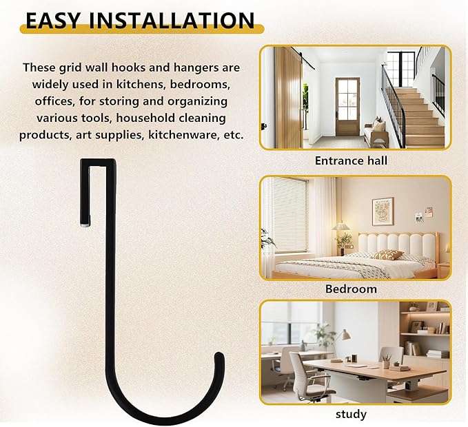 20 PCS Aluminum J Grid Hooks - Multi-Purpose Heavy Duty S Hooks for Wire Shelving & Wall Grids, Perfect for Hanging Kitchenware, Tools, Plants, Photos & Retail Display Black