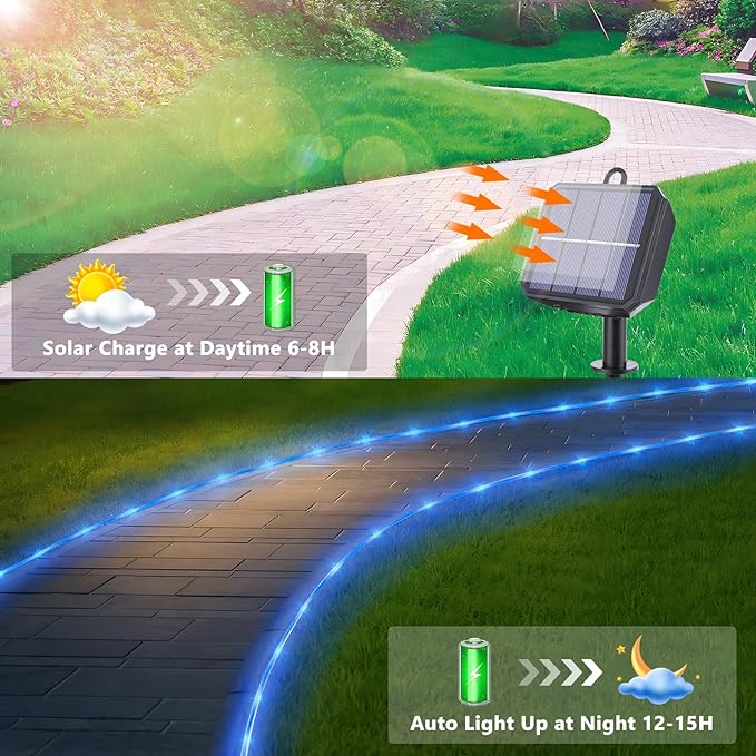 Solar Rope Lights, 2 Packs Total 66ft 200LED Solar String Lights, 8 Modes Waterproof Solar Powered Outdoor Light, Flexible Clear Tube Light for Garden Backyard Patio Deck Porch Tree Xmas Decor - Blue