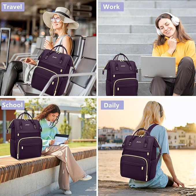 Focdod Laptop Backpack for Women Work Bags - 15.6 Inch Professional Womens Travel Backpack Purse Computer Laptop Bag Nurse Teacher Backpack Waterproof Carry on Back Pack Dark Purple