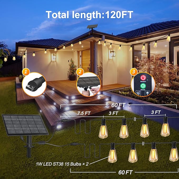BLIATLUS 120FT Solar String Lights Outdoor Waterproof with Remote Control Solar Patio Lights 30+2 shatterproof LED ST38 Bulbs for Porch Garden Market Bistro Patio Backyard Fence