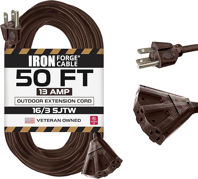 Iron Forge Cable 50ft Brown Outdoor Extension Cord with 3 Outlets - 16/3 SJTW 50ft Extension Cord 3 Prong, 13 Amp All-Weather Heavy Duty Power Cable