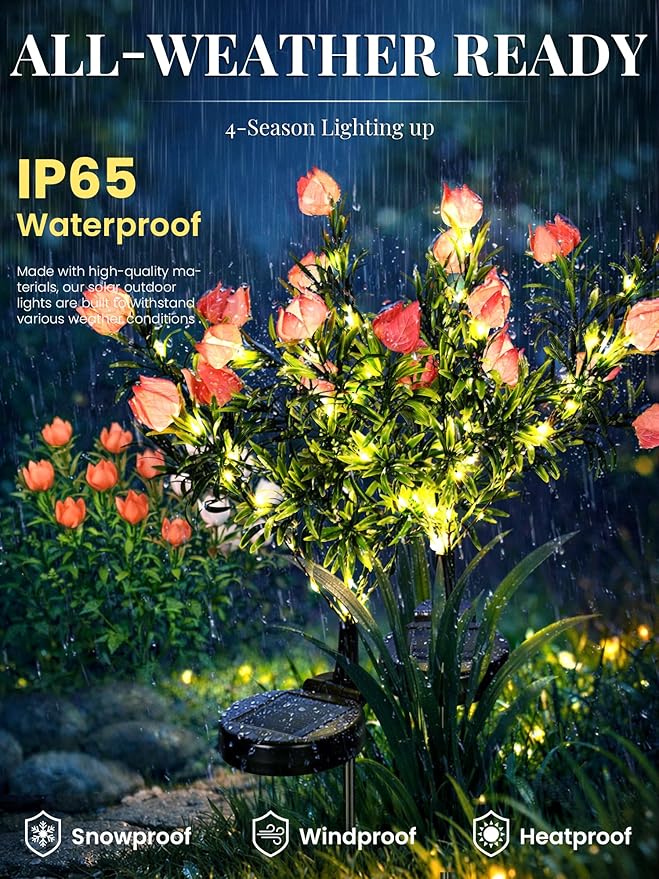 GIGALUMI Solar Garden Lights with Gardenias, 2Pack LED Garden Decor Carefree Solar Flowers Outdoor Waterproof, Yard Decorations Outdoor, Allergy-Free Light up Flowers for Yard Patio (2 Pink)