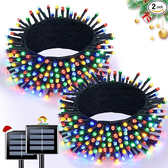 JMEXSUSS 2 Pack Solar String Light 100LED 32.8ft 8 Modes Solar Christmas Lights Waterproof for Gardens, Wedding, Party, Homes, Christmas Tree, Curtains, Outdoors (Multicolor)
